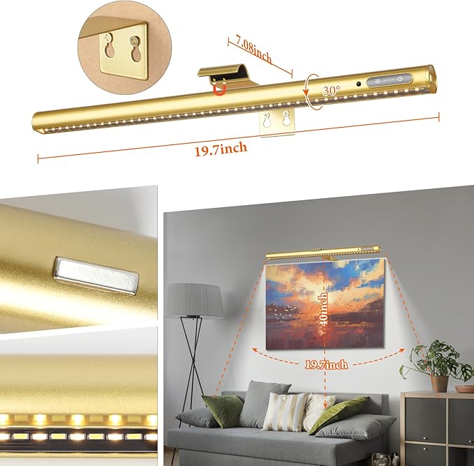 Wireless Picture Light, Battery Operated LED Painting Lights with Remote Control, Dimmable, Timer for Art Frame (Gold-19.7inch)