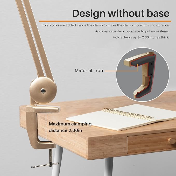 LED Desk Lamp with Clamp, Dimming Task Lamp for Reading Desktop Office Workbench Table Architect Sewing Study Home Craft, 117PCS LEDs, 2200 Lumens 20 Inch Metal Swivel Arm Work Lamp (Gold) - Aura Lighting