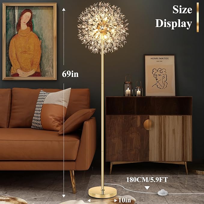 BesLowe 69'' Crystal Floor Lamp for Living Room, Modern Standing Lamp with 738PCS K9 Crystals, Tall Lamp Pole Light for Bedroom Office, Mid Century Gold Floor Lighting with 9 LED Bulbs, Antique Brass