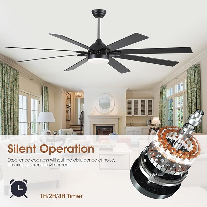 72 Inch Large Ceiling Fans with Lights and Remote, Indoor/Outdoor Black Modern Industrial Ceiling Fan with light for Living Room Patios Porch, Reversible Quiet Motor, 8 Dual Finish Blades