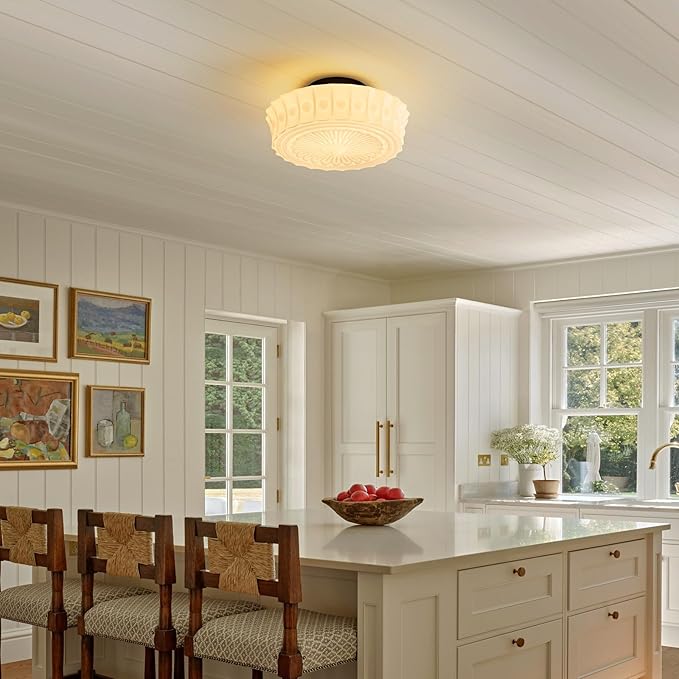 Milk Glass Schoolhouse Ceiling Light - 14 Inch Vintage Mid Century Modern Flush Mount Lighting Fixtures - Antique Art Deco Lamp for Hallway Bedroom Kitchen Entryway Laundry Foyer Bathroom Dining Room - Aura Lighting