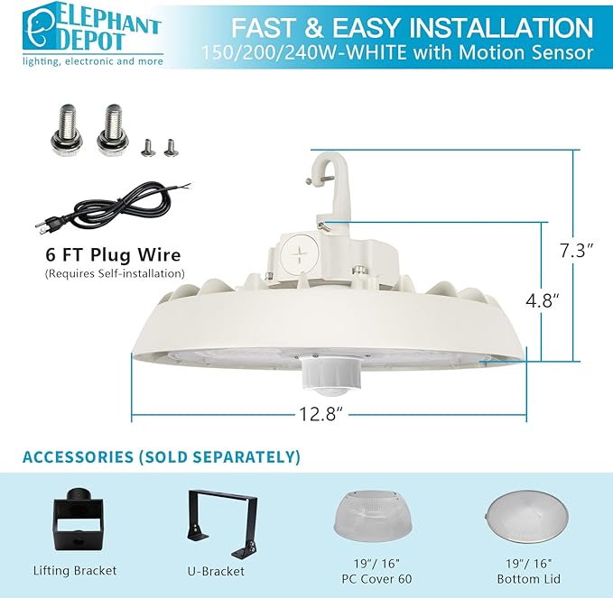 UFO Led High Bay Light with Motion Sensor, 150/200/240W, 21000/28000/33600lm, 2CCT 4000K/5000K, 0-10V Dimmable High Bay Led Shop Lights for Gym Factory Warehouse, Hook,6' Cable, UL&DLC