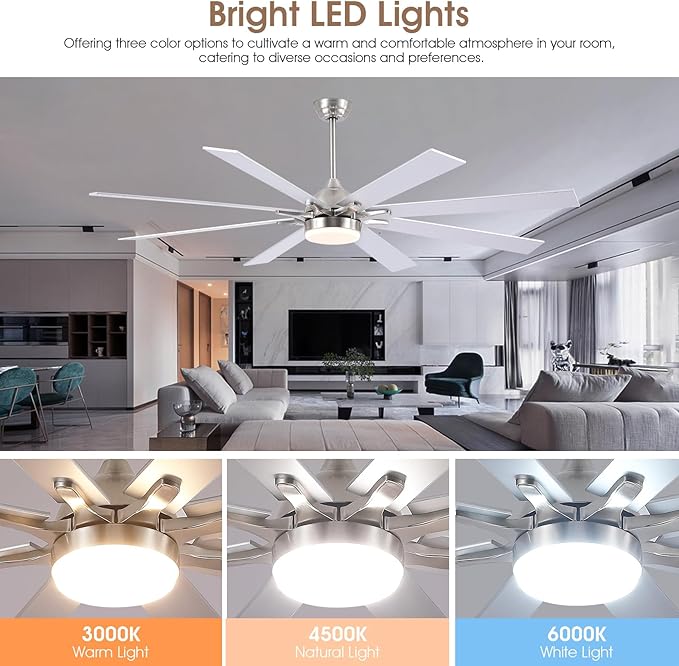 72 Inch Large Ceiling Fans with Lights and Remote, Indoor/Outdoor Nickel Modern Industrial Ceiling Fan with light for Living Room Patios Porch, Reversible Quiet Motor, 8 Dual Finish Blades