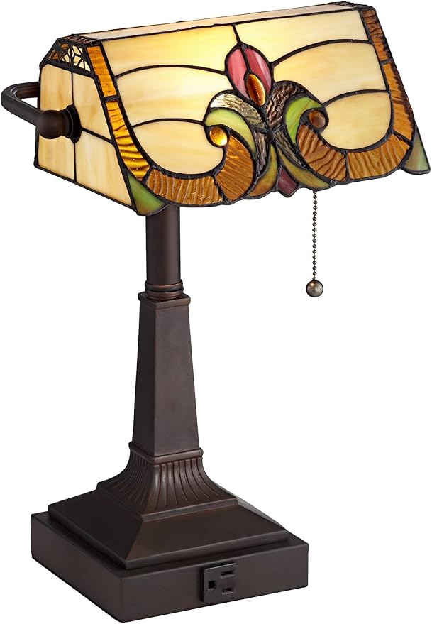 Robert Louis Tiffany Fleura Traditional Tiffany Style Piano Banker Desk Table Lamp 17" High with AC Power Outlet Bronze Floral Art Glass Shade Decor for Bedroom House Bedside Nightstand Home Office