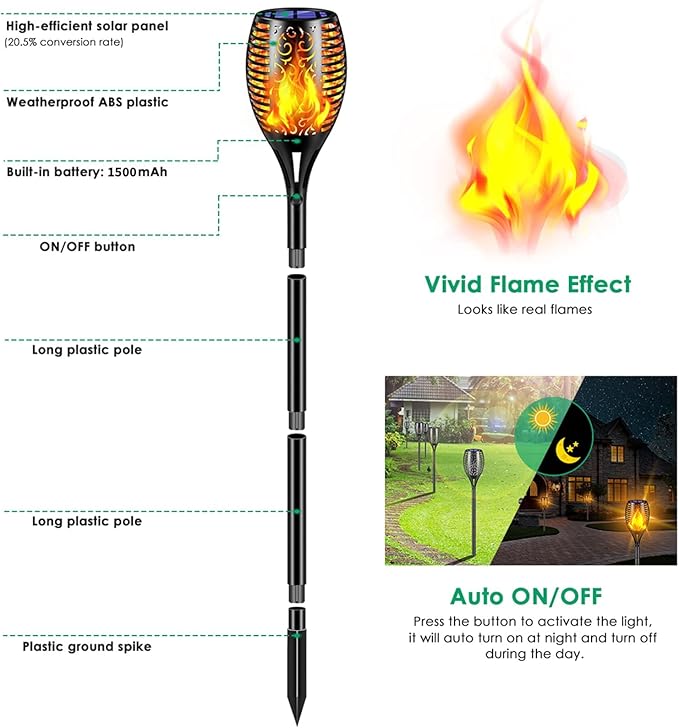 TomCare Solar Lights Outdoor 99 LED Higher & Larger Flickering Flame Solar Torch Lights 43" Decorative Waterproof Solar Powered Pathway Landscape Lighting for Garden Patio Yard, 2Pack (Black)