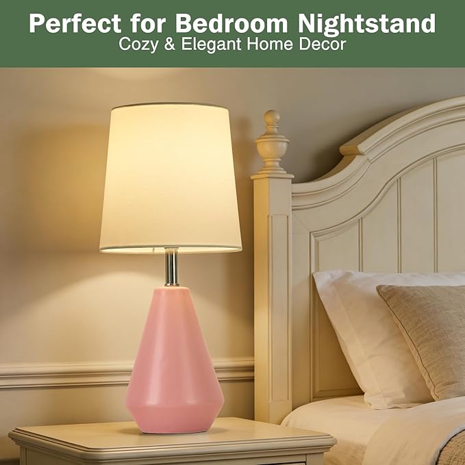Small Bedside Table Lamp for Bedroom-Reading Desk Lamp Set of 2,with 3 Color Temperatures,15.5" Nightstand Ceramic Lamp with Fabric Shade for Kids Room,Living Room,Dorm,Home Office(Pink)