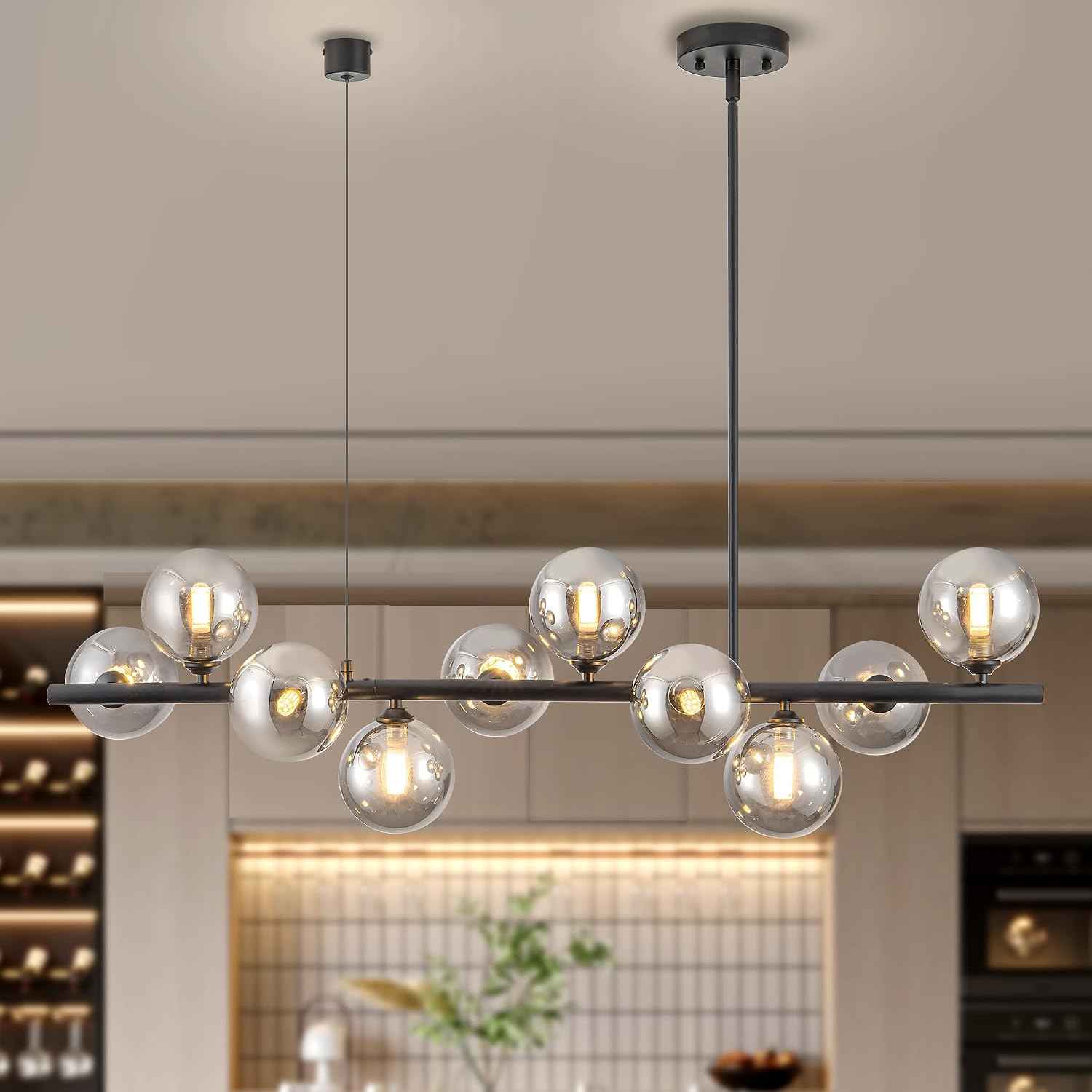 Linear Chandeliers for Dining Room 10 Light Modern Linear Chandelier Sputnik Ceiling Light Fixture, 40" Island Lights for Kitchen with Smokey Gray Lampshade Dining Room Chandelier Height Adjustable