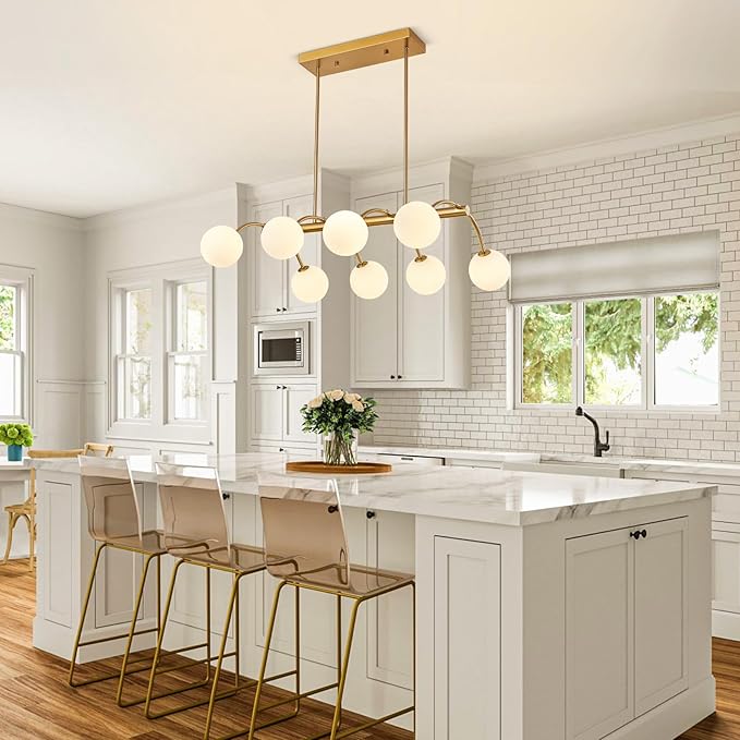 Modern Globe Kitchen Island Lights,Mid Century Bubble Glass Island Light Fixture,8-Light Gold Sputnik Chandeliers,Milk Glass Chandelier for Dining Room,Living Room,Bedroom