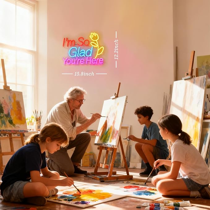 "I'm So Glad You're Here" Neon Sign - Classroom Welcome Decor with Rose, 15.7"x12.2" Multicolor LED Sign, USB Powered & Dimmable, Hanging Chain Included