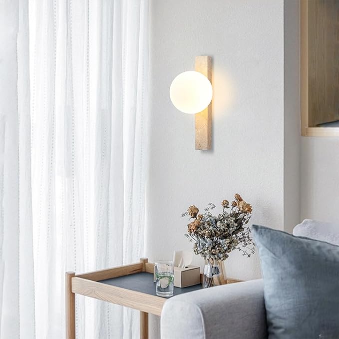 Yellow Travertine Stone Wall Sconce, Natural Marble Wall Lamp with Glass Lampshade, Japanese Style Wabi Sabi Wall Light Fixture for Bedside Bedroom Living Room Hallway Entryway
