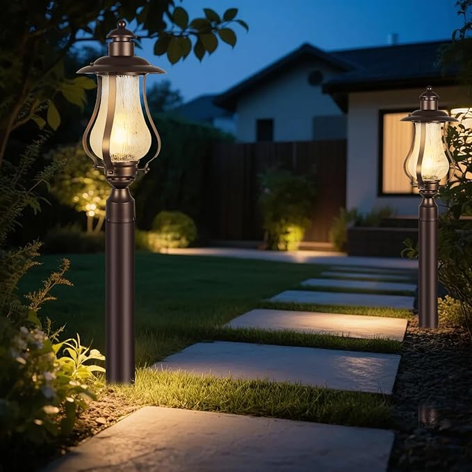 Treekee Outdoor Post Light Fixture, Vintage Brown Pole Lantern with Wood Grain Glass, Farmhouse Exterior Post Lamp with E26 Socket for Garden, Pathway, Patio, Porch, Courtyard, Driveway, Street - Aura Lighting