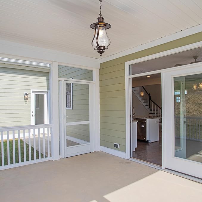 Treekee Outdoor Pendant Light, Vintage Hanging Lantern with Wood Grain Glass, Farmhouse Adjustable Brown Exterior Chandelier Fixture with E26 Socket for Porch, Patio, Entryway, Gazebo - Aura Lighting