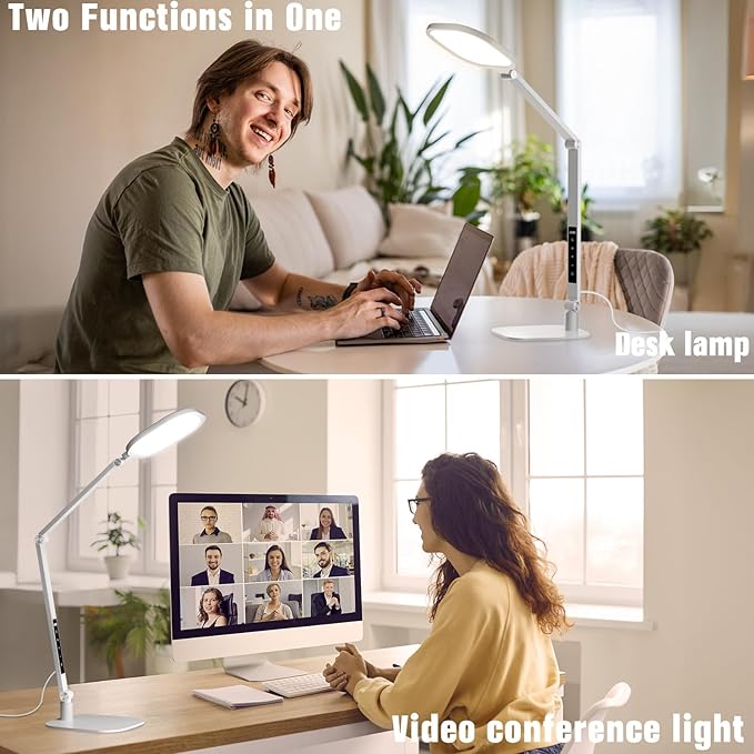 LED Desk Lamp for Home Office, 15W Desk Light with CRI >95, Memory & Timer Function, 1200LM Dimmable Computer Light for Video Calls, Conference, Reading, Study (White) - Aura Lighting