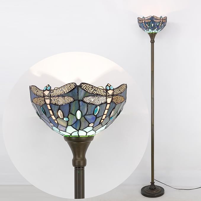 Tiffany Torchiere Floor Lamp Stained Glass Blue Dragonfly Style Standing Corner Torch Uplight 12X12X72 Inch for Bedroom Living Room Home Office