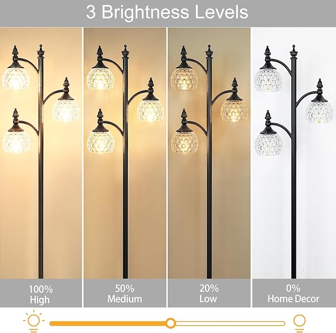 JUNNAI Glass Floor Lamp 66.5in Black Standing Lamps for Living Room with 3 Brightness Lights Vintage Retro Corner Lamp for Bedroom Office(3LED Bulbs Included)