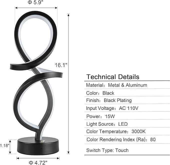 Mayful Modern RGB Table Lamp with LED Spiral Design, Black Bedside Lamp & Nightstand Lamp, Touch Dimmable with 7 Colors & 10 Modes for Bedroom, Living Room, Home Office, 15W
