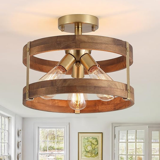 3-Light Rustic Farmhouse Wood Flush Mount Ceiling Light Fixture 12.59 inch Oak Wood and Metal Round Drum Semi Flush Mount Ceiling Light for Hallway Entry Bedroom Kitchen Hall Farmhouse, Antique Gold