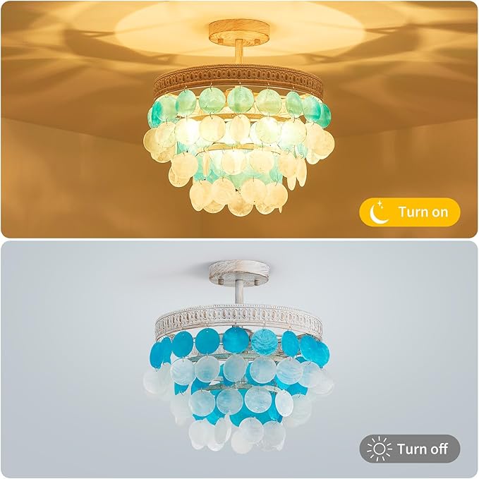 White Blue Capiz Shell Ceiling Light, Capiz Shell Chandeliers for Dining Room, Living Room, Bedroom, Hallway, D12.6'' × H13.4'', 3 * E12 Sockets, White Finish Frame & White Blue Shell - Aura Lighting