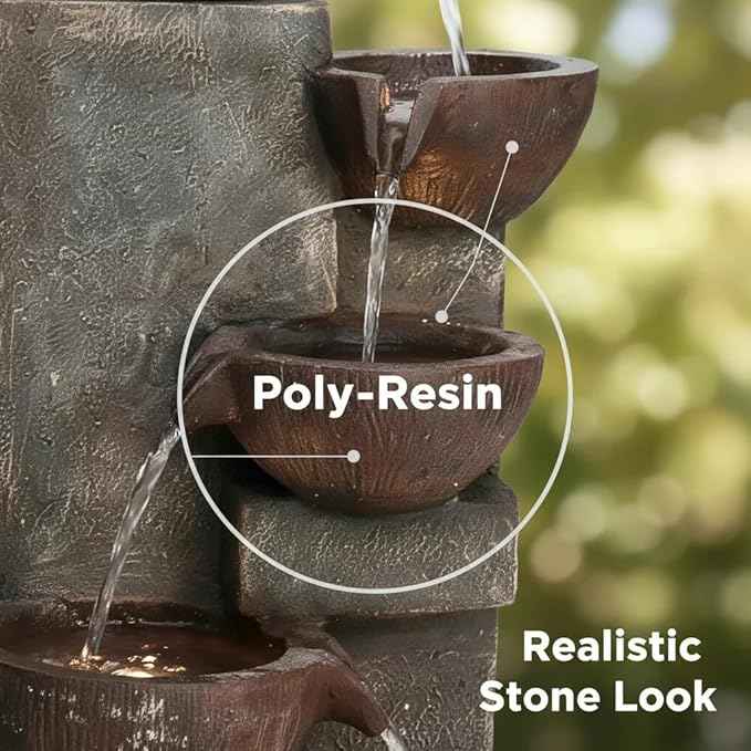 SunJet 5-Tier Outdoor Water Fountain Resin Fountain Decor with LED Lighting Natural Polyresin Looking Stone Decor for Garden Patio Fold Court Yard Deck 12.99" L x 13.78" W x 39.76" H