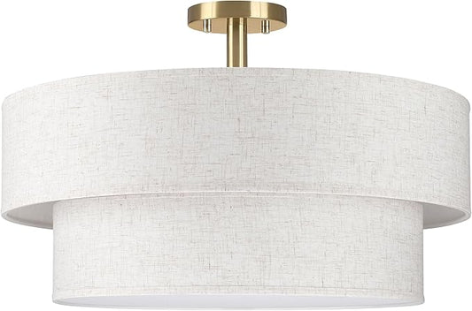 2-Tier 22" Cream Drum Fabric 5 Light Gold Semi Flush Mount Ceiling Light for Living Room Dining Room Bedroom Hallway - Aura Lighting
