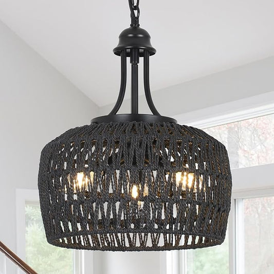 HMVPL Black Rattan Chandelier for Dining Room, 3-Light Boho Light Fixture with Woven Lampshade, Wicker Pendant Light Ceiling Hanging, Farmhouse Kitchen Chandelier for Bedroom Living Room Entryway
