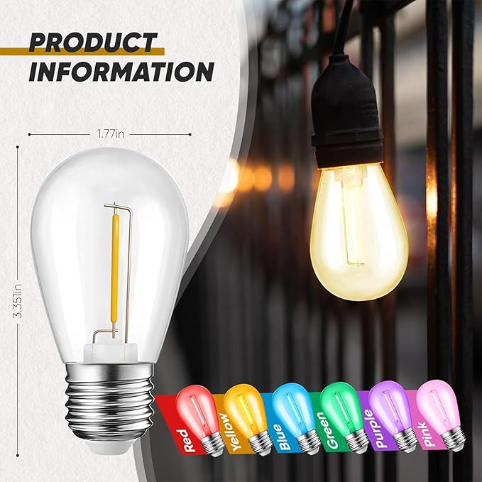 12-Pack Blue Red String Light Bulbs, Patio String Light Replacement Bulb for Outdoor Indoor, 1W E26 Base S14 LED Bulbs for Christmas Halloween,Holiday,Home Decor (6 Blue + 6 Red)