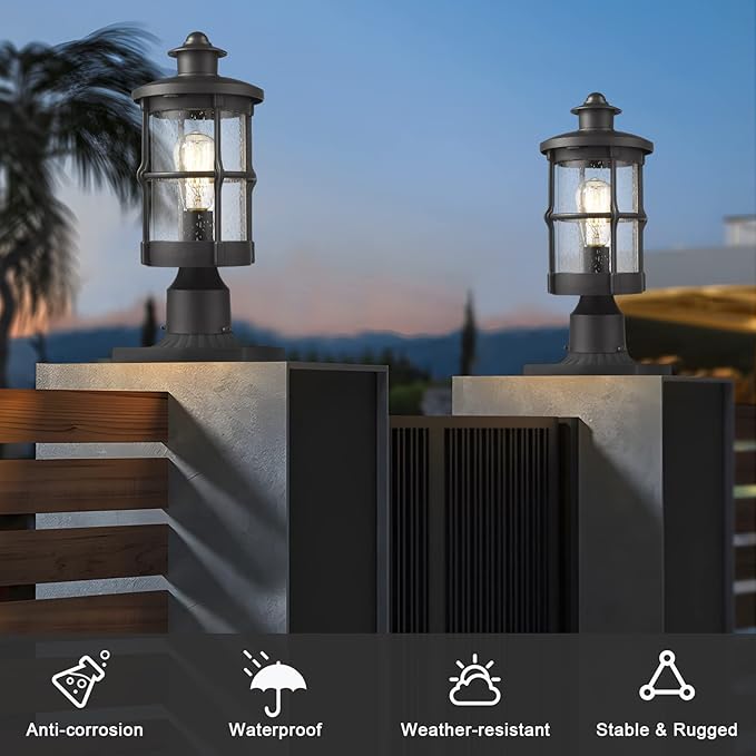 Outdoor Post Lights, Exterior Post Sconce, Outdoor Lamp, Pathway Post Lighting Fixture, Patio Pillar Light in Black Finish with Seeded Glass