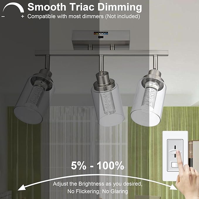 MELUCEE 3-Light LED Track Lighting Brushed Nickel Modern Ceiling Light Bathroom Wall Light with Flexibly Pivoting Heads, Built-in LED Chips, 5-Color Temperature Adjustable - Aura Lighting