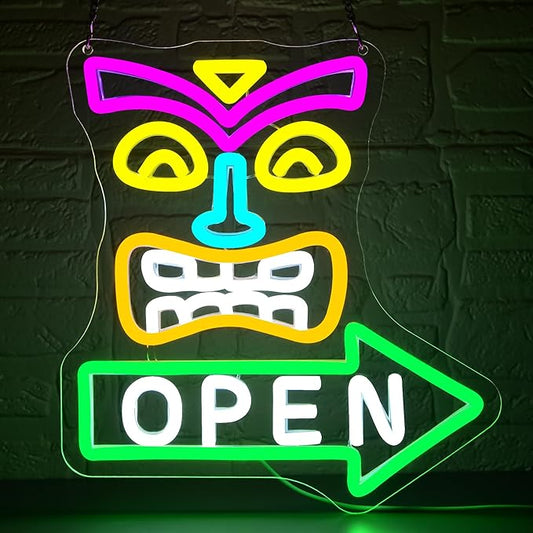 Tiki Bar Open Neon Sign for Wall Decor Dimmable Tiki Open Neon Light for Man Cave Hawaii Beach Sign for Pub Home Bar Beer Shop Party Bedroom Christmas Birthday Gifts Art Size 11.8 * 10.9In (WZCP190)