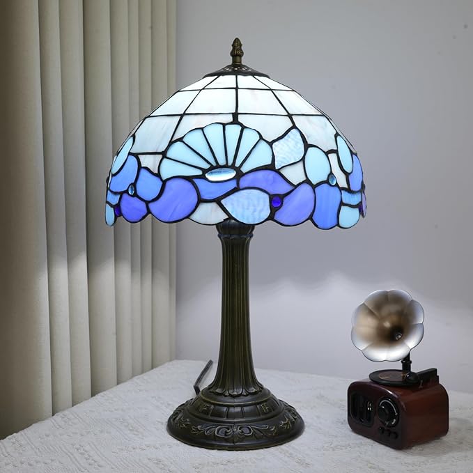 Blue Sea Style Stained Glass Table Lamps Shell Tiffany Lamp Bedroom Bedside Living Room Aesthetic Vintage Accent Farmhouse Night Light for End Table Office Nightstand End Table Desk Reding 12X19 Inch