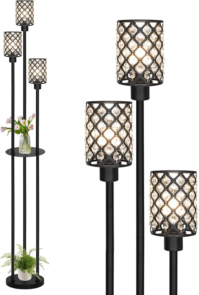 Gold Floor Lamps for Living Room, Standing Floor Lamp with shelves, Tall Lamp with Table, Modern Mid Century Floor Lamp with E26 Base, Coner Crystal Floor Light for Bedroom (Without Bulb) (Black)