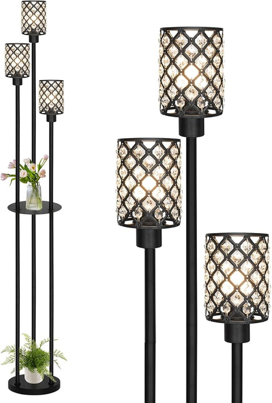 Gold Floor Lamps for Living Room, Standing Floor Lamp with shelves, Tall Lamp with Table, Modern Mid Century Floor Lamp with E26 Base, Coner Crystal Floor Light for Bedroom (Without Bulb) (Black)