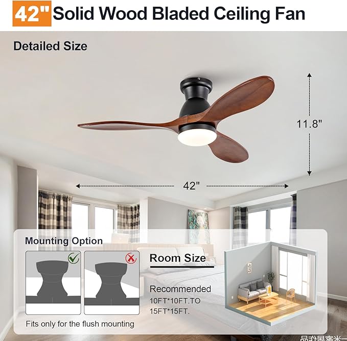 42 Inch Flush Mount Ceiling Fans with Lights and Remote, Dimmable 3 Blades Wood Bedroom Ceiling Fan with Lights Low Profile Ceiling Fan with Light Black Outdoor Ceiling Fans for Patios Living Room