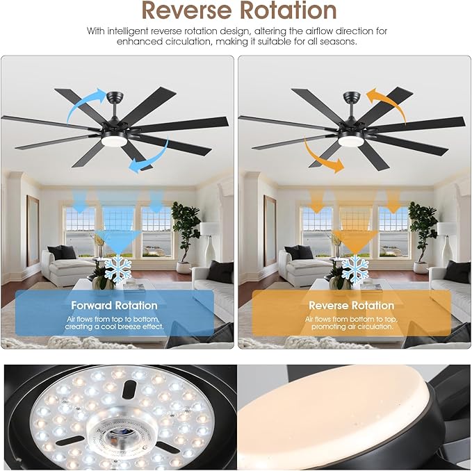 72 Inch Large Ceiling Fans with Lights and Remote, Indoor/Outdoor Black Modern Industrial Ceiling Fan with light for Living Room Patios Porch, Reversible Quiet Motor, 8 Dual Finish Blades
