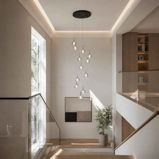 Modern LED High Ceiling Chandelier,12-Light Fixture Crystal Hanging Lamp Dining Room Dimmable Adjustable Luxury Pendant Lights for Living Dinning Room Hallway Foyer Staircase Entryway