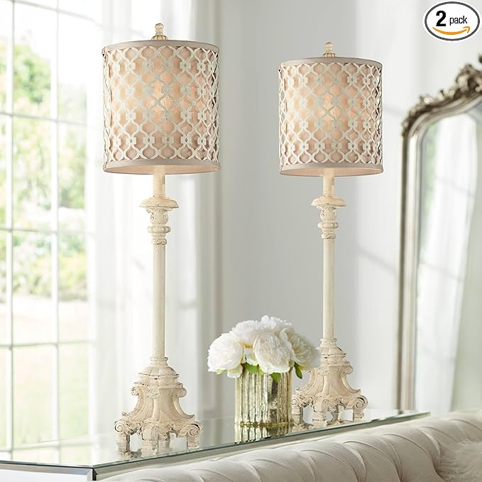 Regency Hill French Candlestick 34" Tall Scroll Skinny Buffet Traditional End Table Lamps Set of 2 Ivory White Living Room Bedroom Bedside Nightstand House Office Home Off-White Shade