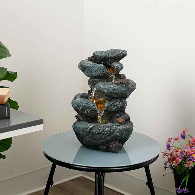 Alpine Corporation TZL418 14" 3 Tier Rock Fountain with LED Lights, Elegant Cascading Water Feature for Tabletop, Indoor Decor, Relaxing Stone Waterfall for Home & Office, Gray