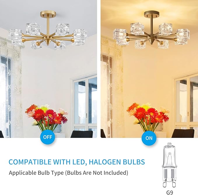 XINGQI 8-Light Semi Flush Mount Ceiling Light Fixture Modern Antique Gold Sputnik Chandeliers Fashion Lighting for Bedroom Dining Room Farmhouse Kitchen Office - Aura Lighting