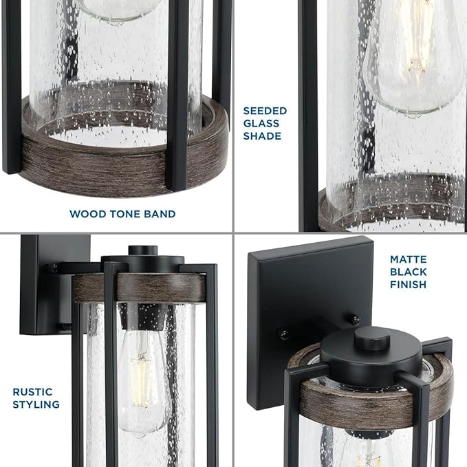 Whitmire Collection 1-Light Clear Seeded Glass Light Aged Oak Accents Farmhouse Outdoor Wall Lantern Light Matte Black