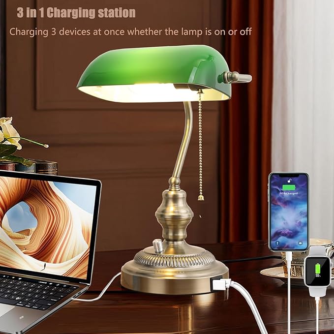 Rustic Banker's Desk Lamp Stepless Dimmable, Traditional Bankers Desk Lamp with USB Port and Outlet, Vintage Farmhouse Table Lamp for Home Office Library
