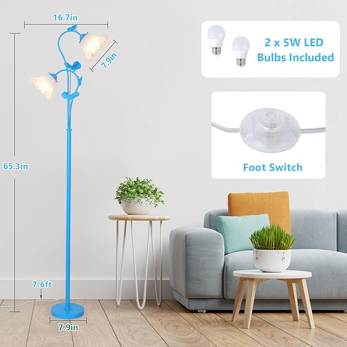 HMVPL Blue Floor Lamp for Living Room, Flower Standing Lamp with 2 LED 5W Blubs, Foot Switch, Floral Tall Lamp with Acrylic Shade, Antique Lotus Flower Floor Lamp for Living Room Office Reading - Aura Lighting