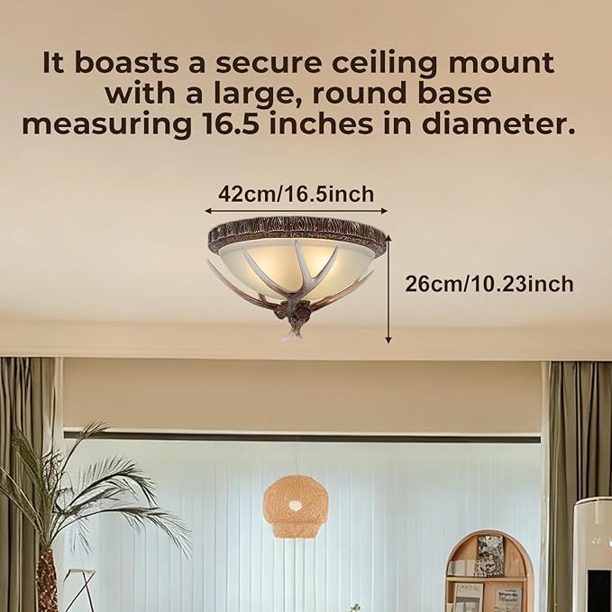 Vintage Antler Resin Ceiling Light, 110V Rustic Chandelier Fixture, 40-60W Retro Deer Horn Pendant Lamp, Decorative Flush Mount Lighting with 3 E26 Bulb Sockets for Living Room Bedroom Dining Room