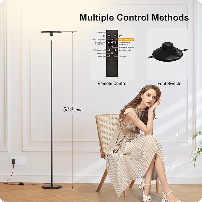 Dimmable Floor Lamp with Remote，Floor Lamps for Living Room Bedroom Office，Adjustable Brightness (10%-100%)and Color Temperature (3000k- 6000k )，Standing Lamp Tall Lamp with Foot Switch (black)