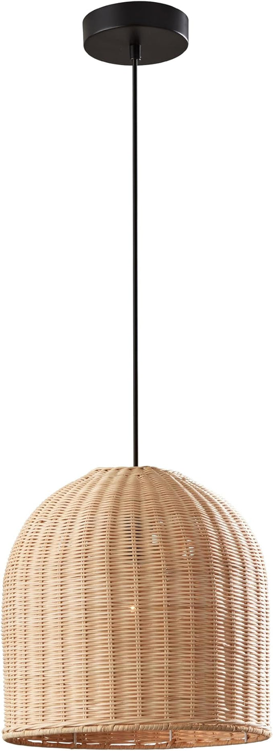 Adesso Dark Bronze Ceiling Pendant with Natural Rattan Shade – Adjustable Hanging Length, Ambient Accent Lighting for Kitchen, Living Room or Home Office