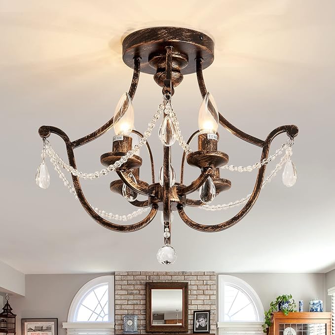 UOFUS Vintage Semi Flush Mount Crystal Chandelier Oil Rubbed Bronze 4-Light Small Metal Ceiling Light Fixture Farmhouse Ceiling Lamp for Foyer Kitchen Entryway Hallway Bathroom Bedroom Dining Room - Aura Lighting