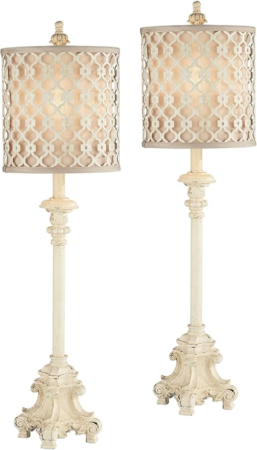 Regency Hill French Candlestick 34" Tall Scroll Skinny Buffet Traditional End Table Lamps Set of 2 Ivory White Living Room Bedroom Bedside Nightstand House Office Home Off-White Shade