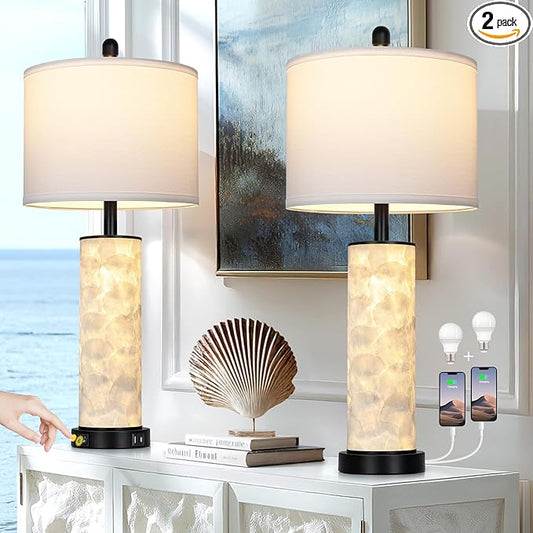 29" Coastal Seashell Table Lamp for Living Room Set of 2, Bedroom, Bedside Nightstand Lamp with Night Light, Shell Lamp with USB A+C Ports Cottage Beach House Accent Lamp, LED Bulb Included(Black)