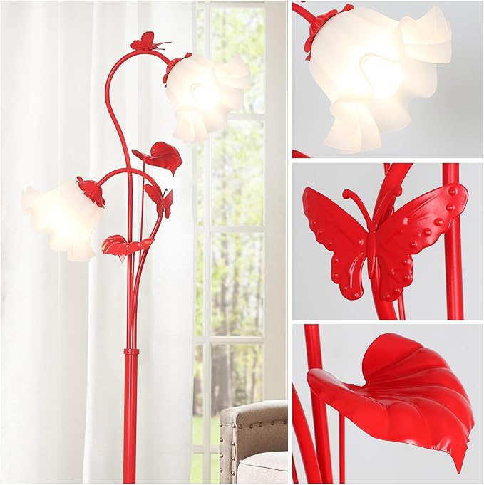 HMVPL Red Floor Lamp for Living Room, Flower Standing Lamp with 2 LED 5W Blubs, Foot Switch, Floral Tall Lamp with Acrylic Shade, Antique Lotus Flower Floor Lamp for Living Room Office Reading - Aura Lighting