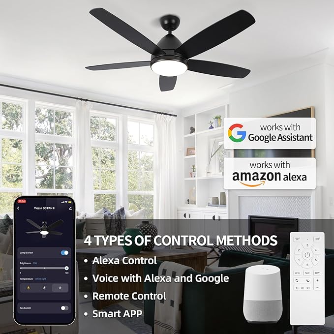 Smart Ceiling Fan with Light, 52 Inch Modern Black Outdoor Ceiling Fan and Remote/App, Dimmable Tri-Color LED and Reversible Motor for Indoor Bedroom/Outdoor Covered Patio - Aura Lighting