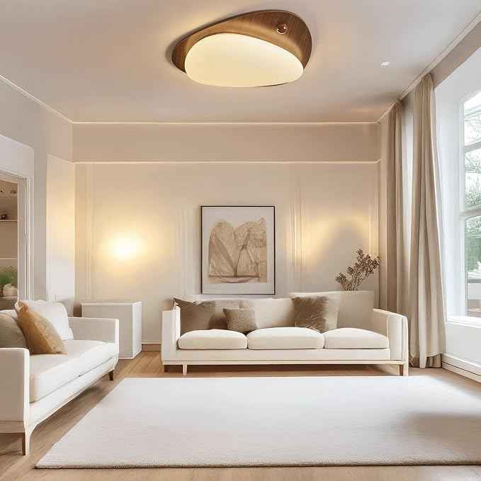 Modern Nordic Ceiling Light, 3-Color Dimming Walnut & Cream Wood Grain Pebble LED Ceiling Lamp, Minimalist Wabi-sabi Flush Mount Light Fixture, for Bedroom Living Room